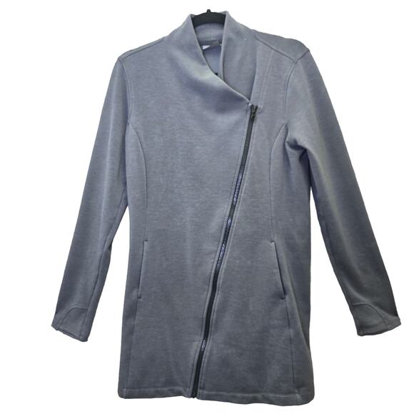 Athleta Jacket Womens Medium Grey Softtech Cya Asymmetrical Zip Long Line Sleeve - Picture 1 of 13
